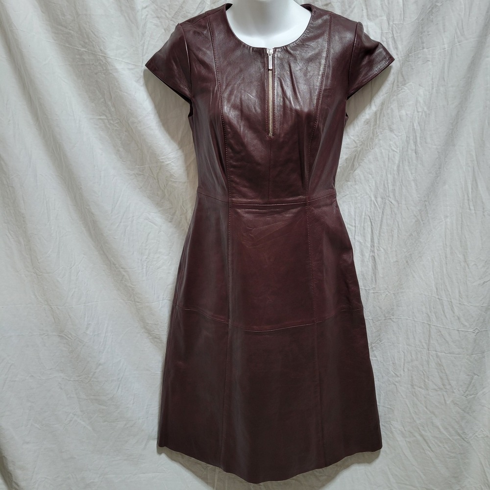 Sosandar NWT Burgundy Leather Dress Cap Sleeves Fit Flare UK Size 8 US‎ Size 4